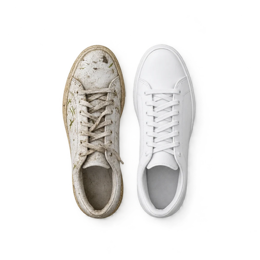 Een vieze en een schone sneaker naast elkaar